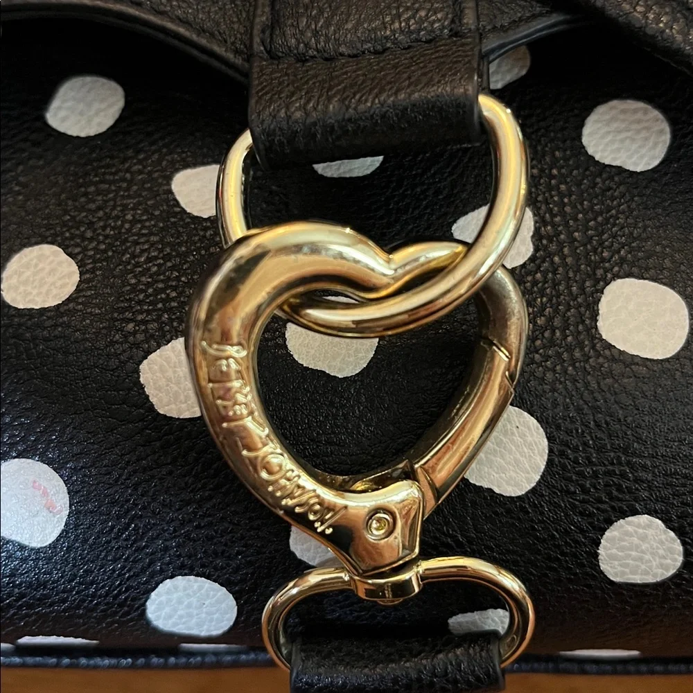 Betsey Johnson Black & White Polka Dot Satchel w/handles, heart clip & Bow Charm